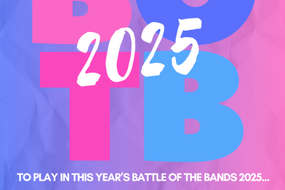 poster with blue and pink background and details about BOTB